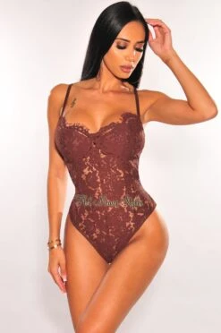 Chocolate Floral Lace Padded Spaghetti Straps Cut Out Back Bodysuit
