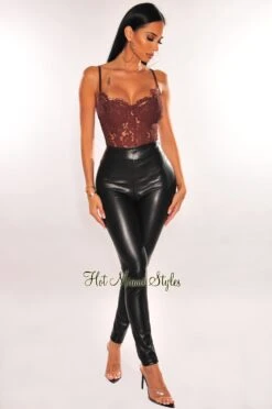 Chocolate Floral Lace Padded Spaghetti Straps Cut Out Back Bodysuit -Miamis Style Shop chocolate floral lace padded spaghetti straps cut out back bodysuit hot miami styles 277023