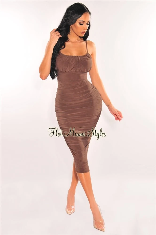 Chocolate Mesh Spaghetti Straps Ruched Dress 1 Chocolate Mesh Spaghetti Straps Ruched Dress