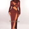 Chocolate Mock Neck Cut Out Long Sleeve Knotted Slit Dress