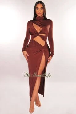 Chocolate Mock Neck Cut Out Long Sleeve Knotted Slit Dress