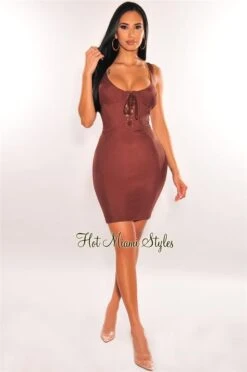 Chocolate Padded Underwire Lace Up Sleeveless Bustier Dress -Miamis Style Shop chocolate padded underwire lace up sleeveless bustier dress hot miami styles 326825