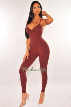 Chocolate Ribbed Faux Bustier CrissCross Back Jumpsuit