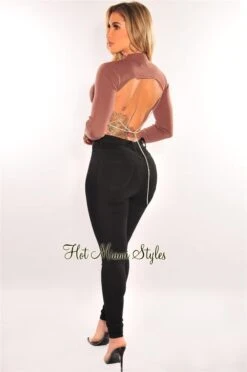 Chocolate Ribbed Knit Long Sleeve Silver Rhinestone Cut Out Back Crop Top -Miamis Style Shop chocolate ribbed knit long sleeve silver rhinestone cut out back crop top hot miami styles 462066