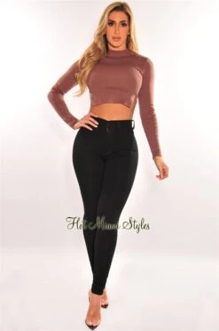 Chocolate Ribbed Knit Long Sleeve Silver Rhinestone Cut Out Back Crop Top -Miamis Style Shop chocolate ribbed knit long sleeve silver rhinestone cut out back crop top hot miami styles 526247