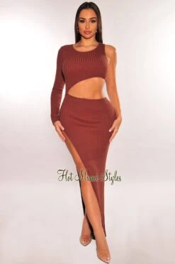 Chocolate Ribbed Knit One Sleeve Cut Out Slit Maxi Dress