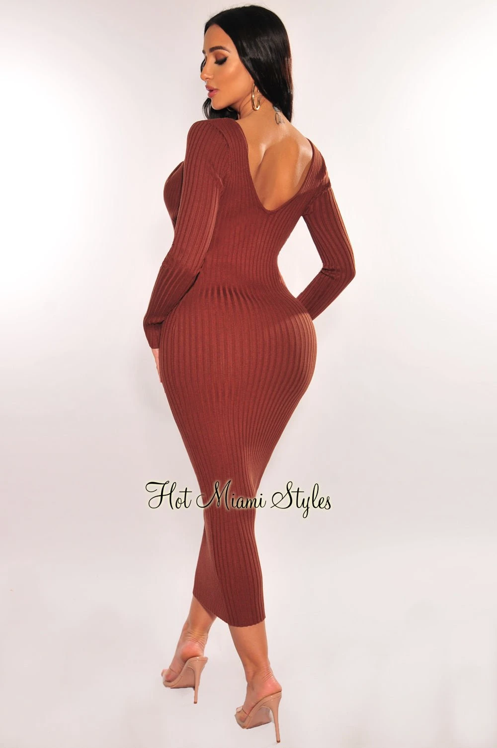 Chocolate Ribbed Knit Plunge Neck Long Sleeve Midi Dress + Bralette 2 Chocolate Ribbed Knit Plunge Neck Long Sleeve Midi Dress + Bralette - Image 2