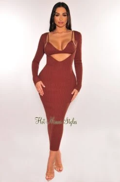 Chocolate Ribbed Knit Plunge Neck Long Sleeve Midi Dress + Bralette