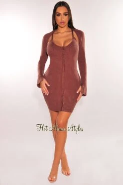 Chocolate Ribbed Knit Spaghetti Straps Mini Dress + Shrug Jacket -Miamis Style Shop chocolate ribbed knit spaghetti straps mini dress shrug jacket hot miami styles 971305