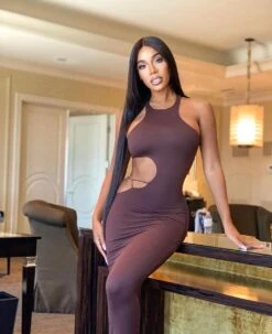 Chocolate Sleeveless Gold Chain Cut Out Midi Dress -Miamis Style Shop chocolate sleeveless gold chain cut out midi dress hot miami styles 373763