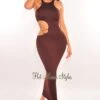 Chocolate Sleeveless Gold Chain Cut Out Midi Dress
