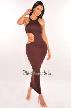 Chocolate Sleeveless Gold Chain Cut Out Midi Dress