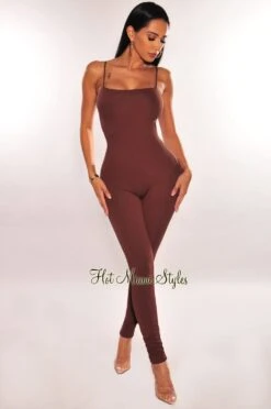 Chocolate Spaghetti Straps Cut Out Back Jumpsuit