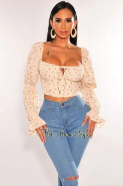 Cream Floral Print Peasant Long Sleeve Crop Top