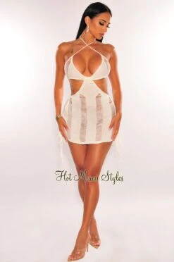 Cream Halter Crochet Ladder Cut Out Ruched Cover Up Dress -Miamis Style Shop cream halter crochet ladder cut out ruched cover up dress hot miami styles 833171