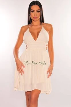 Cream Halter V Neck Strappy Back Babydoll Dress