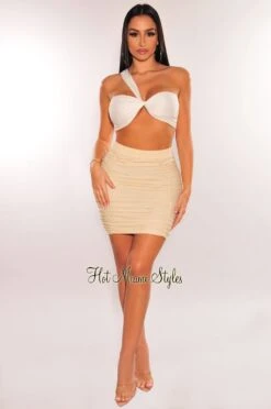 Cream High Waist Ruched Cover Up Skirt -Miamis Style Shop cream high waist ruched cover up skirt hot miami styles 528356
