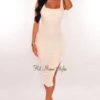 Cream Mesh Square Neck Sleeveless Ruched Slit Dress