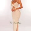 Cream Nude Ribbed Knit Spaghetti Strap Knotted Cut Out Double Slit Dress