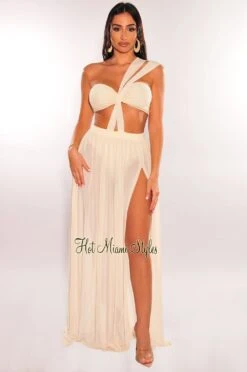 Rehab Cream One Shoulder Cut Out Strappy Slit Maxi Dress