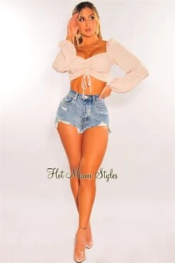 Cream Ribbed Knit Padded Ruched Long Sleeve Crop Top -Miamis Style Shop cream ribbed knit padded ruched long sleeve crop top hot miami styles 476845