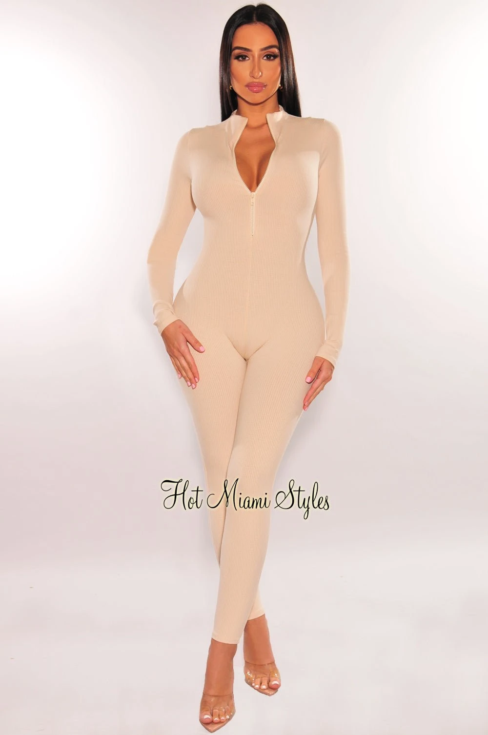 Cream Ribbed Zipper Long Sleeve Jumpsuit 1 Cream Ribbed Zipper Long Sleeve Jumpsuit