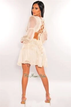 Cream Ruffle Cut Out Lace Up Long Sleeves Dress -Miamis Style Shop cream ruffle cut out lace up long sleeves dress hot miami styles 136224