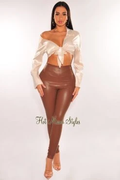 Cream Satin Off The Shoulder Collared Tie Up Long Sleeve Top 6 Cream Satin Off The Shoulder Collared Tie Up Long Sleeve Top -Miamis Style Shop cream satin off the shoulder collared tie up long sleeve top hot miami styles 960615