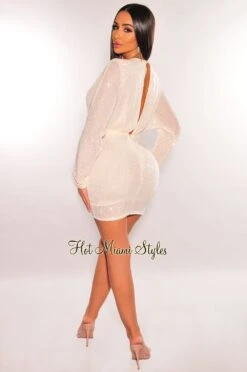Cream Sequins Plunge V Neck Long Sleeve Mini Dress -Miamis Style Shop cream sequins plunge v neck long sleeve mini dress hot miami styles 472859