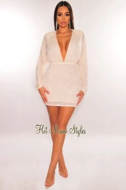 Cream Sequins Plunge V Neck Long Sleeve Mini Dress -Miamis Style Shop cream sequins plunge v neck long sleeve mini dress hot miami styles 995283