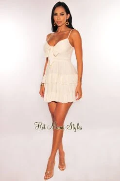 Cream Spaghetti Strap Padded Ruffled Tie Up Babydoll Dress -Miamis Style Shop cream spaghetti strap padded ruffled tie up babydoll dress hot miami styles 196683