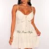 Cream Spaghetti Strap Padded Ruffled Tie Up Babydoll Dress