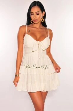 Cream Spaghetti Strap Padded Ruffled Tie Up Babydoll Dress