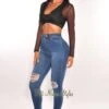 Dark Blue Denim Distressed Knee High Waist Skinny Jeans