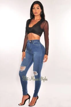 Dark Blue Denim Distressed Knee High Waist Skinny Jeans