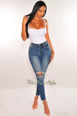 Dark Blue Denim Ripped Ankle Skinny Jeans