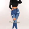 Dark Blue Denim Ripped Distressed Hem High Waist Skinny Jeans