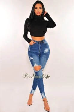 Dark Blue Denim Ripped Distressed Hem High Waist Skinny Jeans
