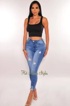 Dark Blue Denim Wash High Waisted Ripped Stretchy Skinny Jeans