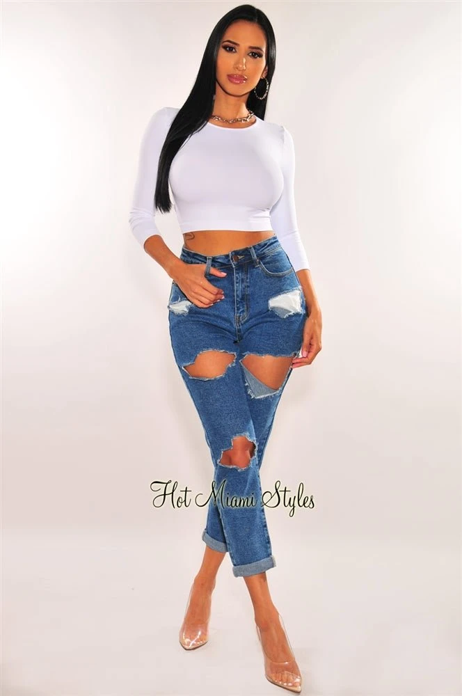 Dark Denim Destroyed High Waist Mom Jeans 1 Dark Denim Destroyed High Waist Mom Jeans