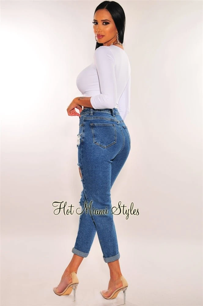 Dark Denim Destroyed High Waist Mom Jeans 3 Dark Denim Destroyed High Waist Mom Jeans - Image 3
