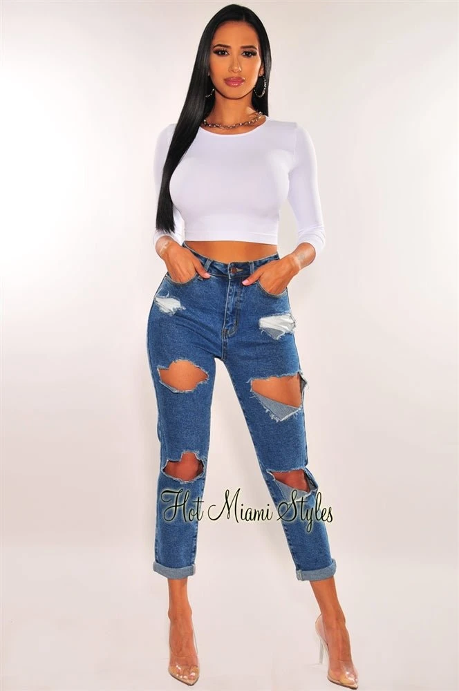 Dark Denim Destroyed High Waist Mom Jeans 2 Dark Denim Destroyed High Waist Mom Jeans - Image 2