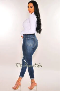 Dark Denim Distressed Butt-Lifting Skinny Jeans -Miamis Style Shop dark denim distressed butt lifting skinny jeans hot miami styles 783120