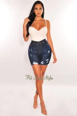 Dark Denim High Waist Distressed Frayed Hem Biker Shorts 6 Dark Denim High Waist Distressed Frayed Hem Biker Shorts -Miamis Style Shop dark denim high waist distressed frayed hem biker shorts hot miami styles 140304
