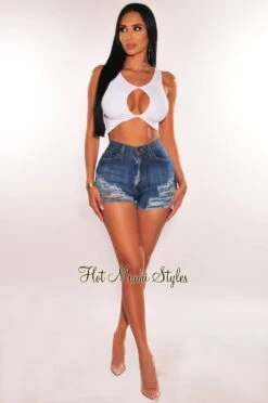 Dark Denim High Waist Ripped Destroyed Frayed Hem Shorts -Miamis Style Shop dark denim high waist ripped destroyed frayed hem shorts hot miami styles 174790