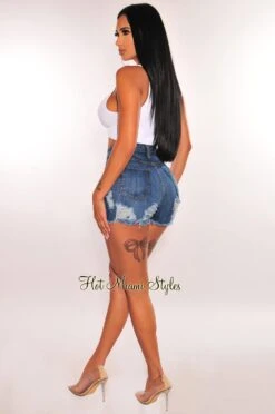 Dark Denim High Waist Ripped Destroyed Frayed Hem Shorts -Miamis Style Shop dark denim high waist ripped destroyed frayed hem shorts hot miami styles 777414