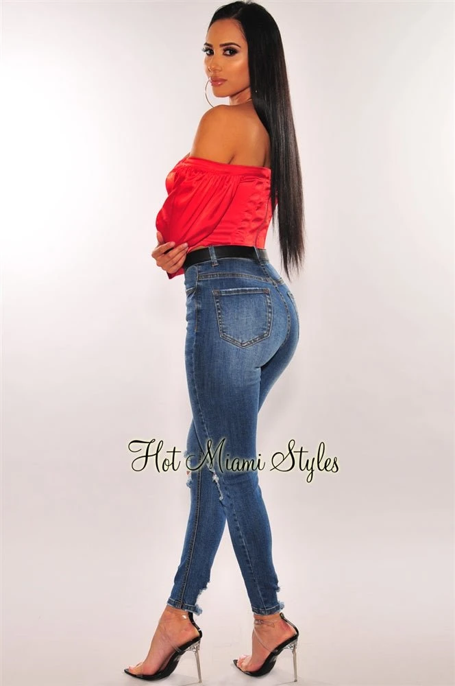 Dark Denim Ripped Knee High Waist Butt-Lifting Skinny Jeans 2 Dark Denim Ripped Knee High Waist Butt-Lifting Skinny Jeans - Image 2