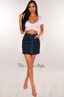Dark Denim Rose Gold Button Up Skirt -Miamis Style Shop dark denim rose gold button up skirt hot miami styles 842308