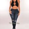 Dark Denim Wash High Waisted Ripped Stretchy Skinny Jeans