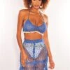 Deep Blue Crochet Halter Cowrie Shells Skirt Two Piece Set Cover Up